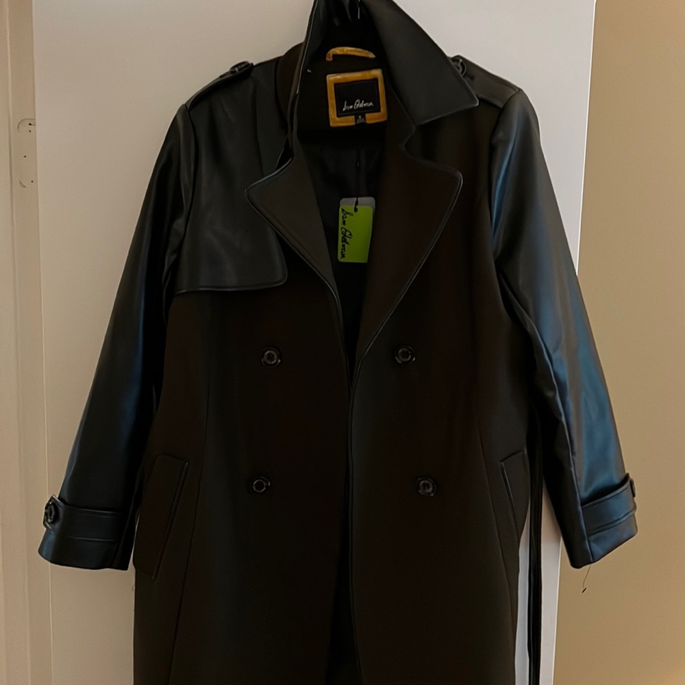 Sam Edelman mixed wool trench coat military green with black leather accents